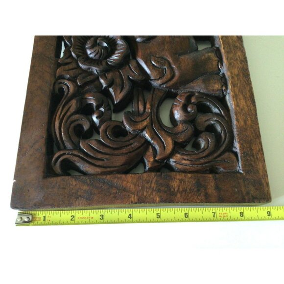 Vintage Ornate Hand Carved Wooden Elephant Floral Wall Panel Made in Thailand - Picture 15 of 16
